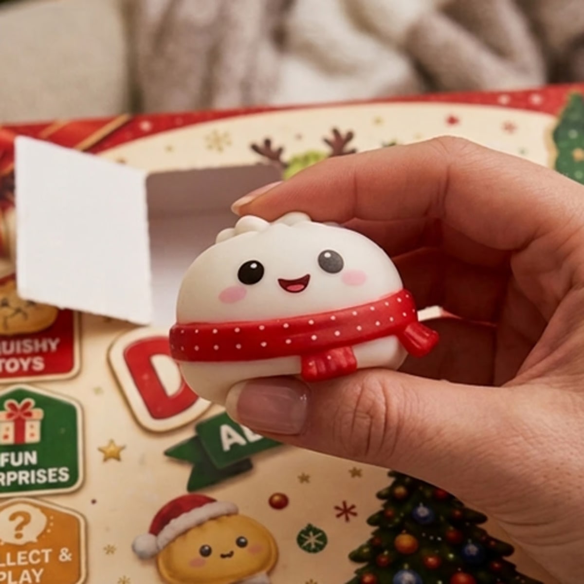 Squishy-dumpling kädessä joulukalenterin edessä