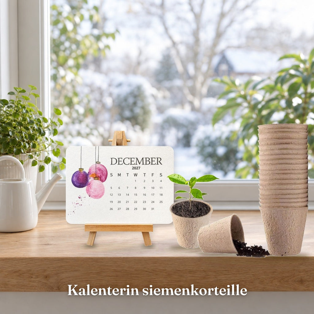 Siemenkalenteri telineessä taimiruukkujen vieressä ikkunalaudalla