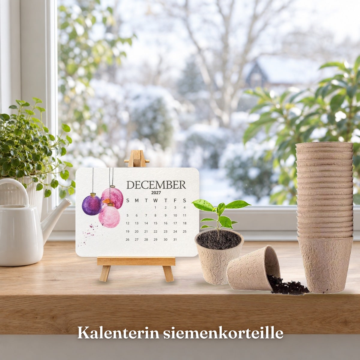 Siemenkalenteri telineessä taimiruukkujen vieressä ikkunalaudalla