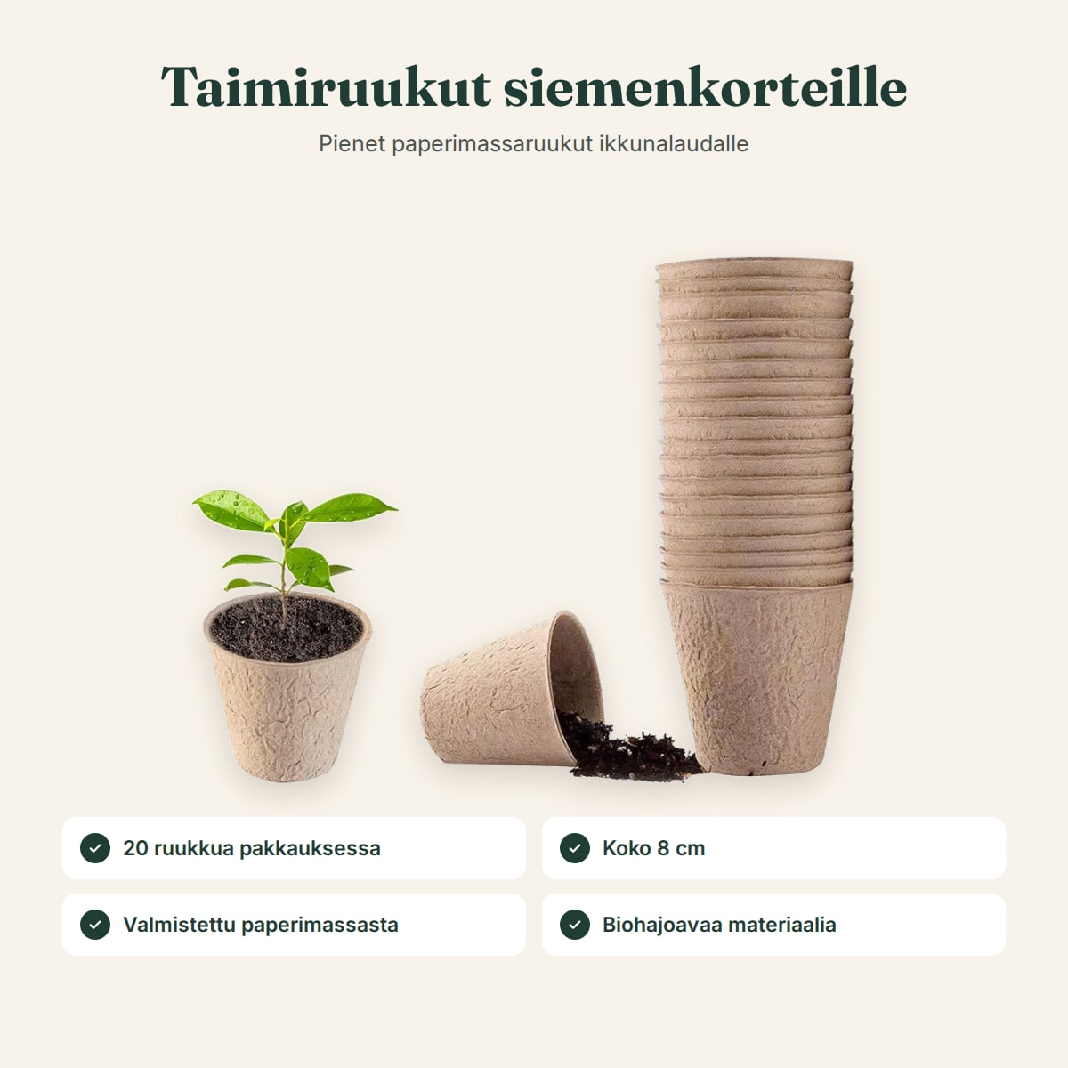 20 paperimassasta tehtyä taimiruukkua, koko 8 cm