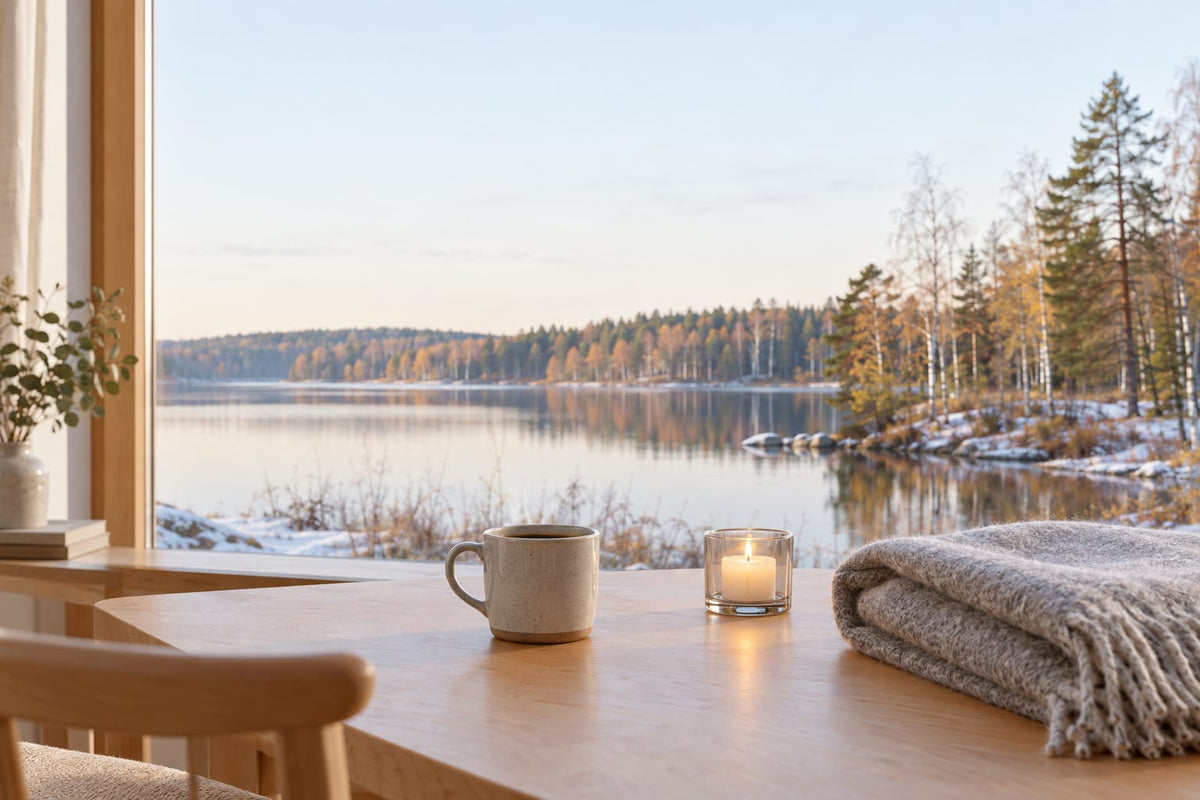 Valoisa olohuone ja näkymä järvelle