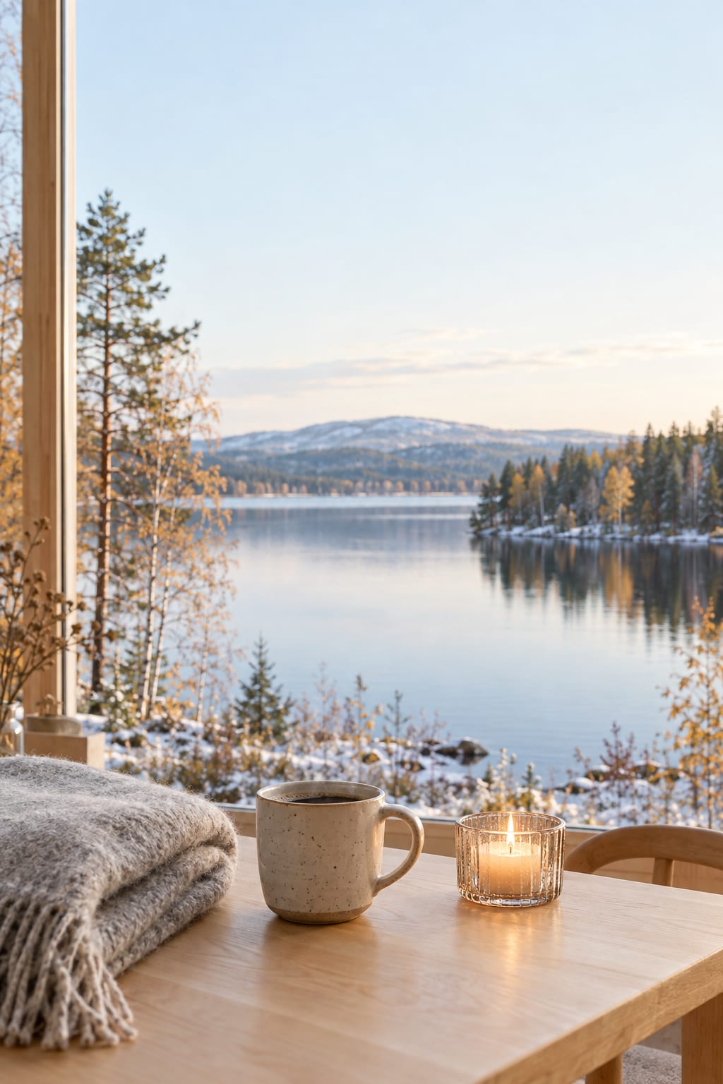Valoisa olohuone ja näkymä järvelle