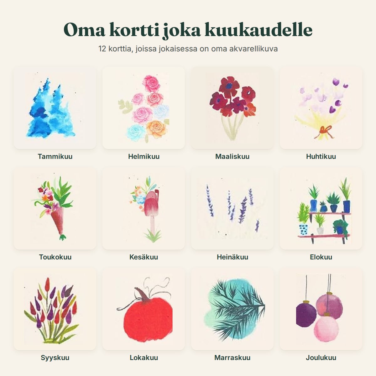 Siemenkalenterin 12 akvarellikuvaa, yksi jokaiselle kuukaudelle
