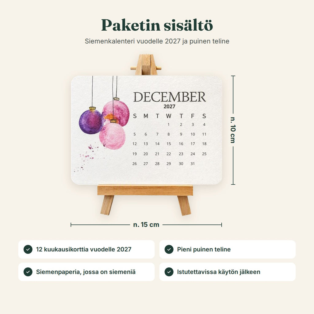 Paketin sisältö: 12 kuukausikorttia vuodelle 2027 ja puinen teline, kortti noin 15 × 10 cm