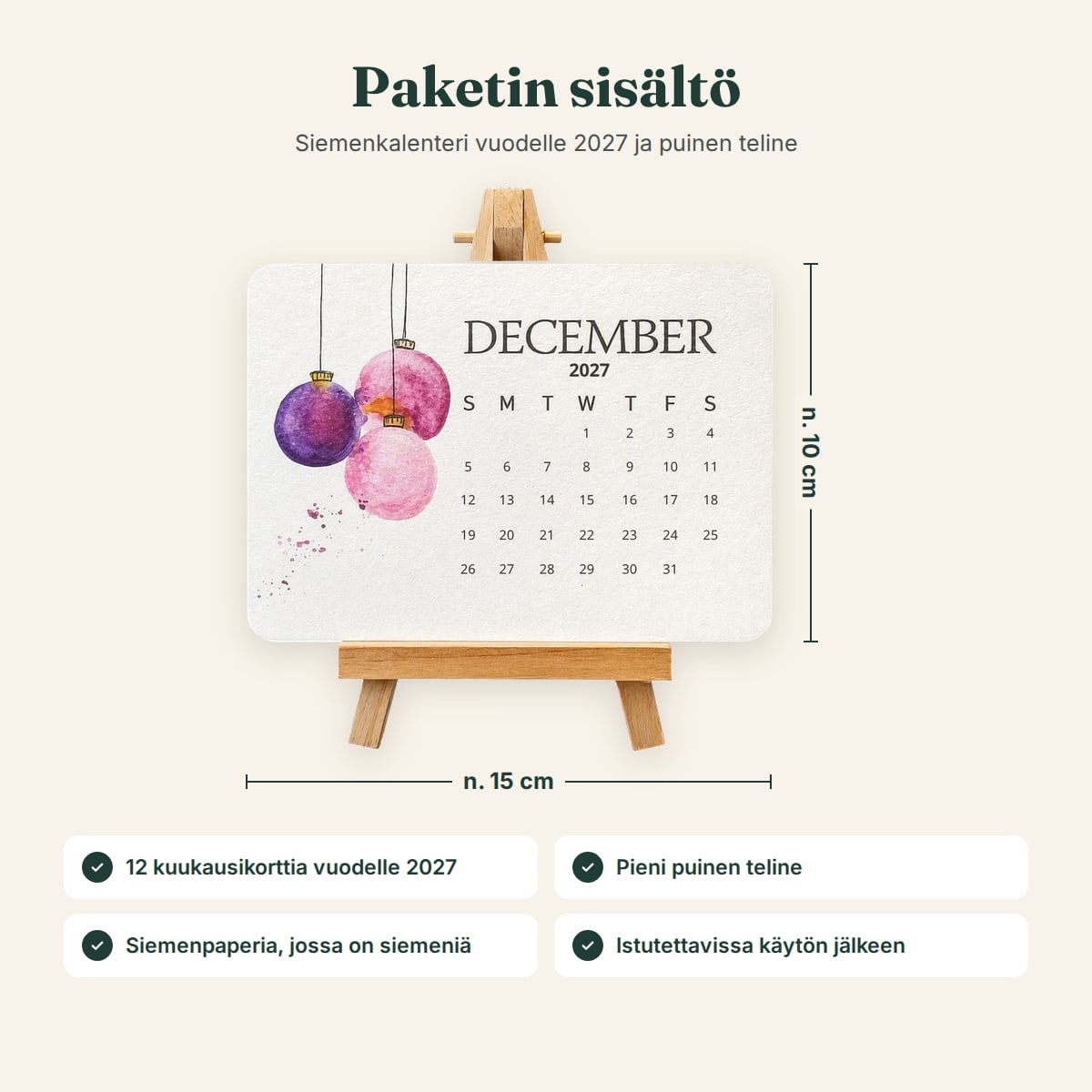 Paketin sisältö: 12 kuukausikorttia vuodelle 2027 ja puinen teline, kortti noin 15 × 10 cm