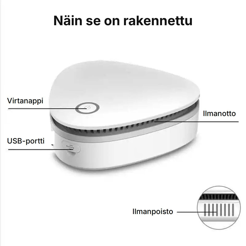 Virtanappi, USB-latausportti, ilmanotto ja ilmanpoisto